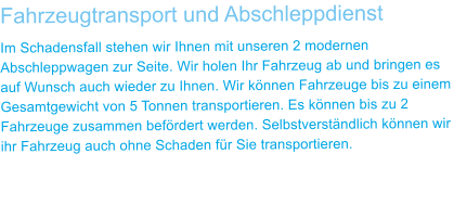 Fahrzeugtransport und Abschleppdienst Im Schadensfall stehen wir Ihnen mit unseren 2 modernen Abschleppwagen zur Seite. Wir holen Ihr Fahrzeug ab und bringen es auf Wunsch auch wieder zu Ihnen. Wir k�nnen Fahrzeuge bis zu einem Gesamtgewicht von 5 Tonnen transportieren. Es k�nnen bis zu 2 Fahrzeuge zusammen bef�rdert werden. Selbstverst�ndlich k�nnen wir ihr Fahrzeug auch ohne Schaden f�r Sie transportieren.